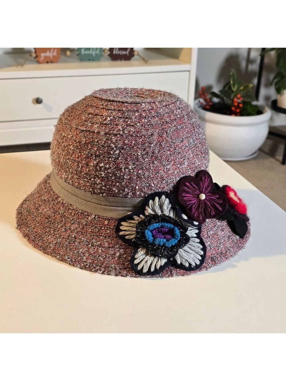 Daniele Meucci Chic Tweed Hat with Floral Accents Wool Blend